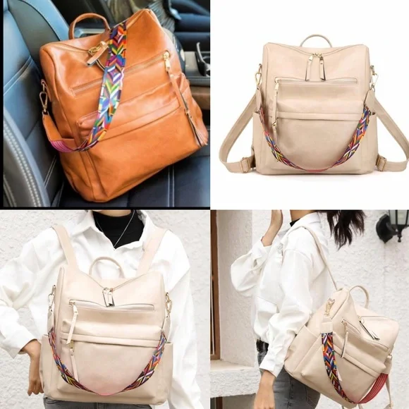 Bags | Beige Vegan Leather Zipper Detail Mini Backpacks  display picture 1